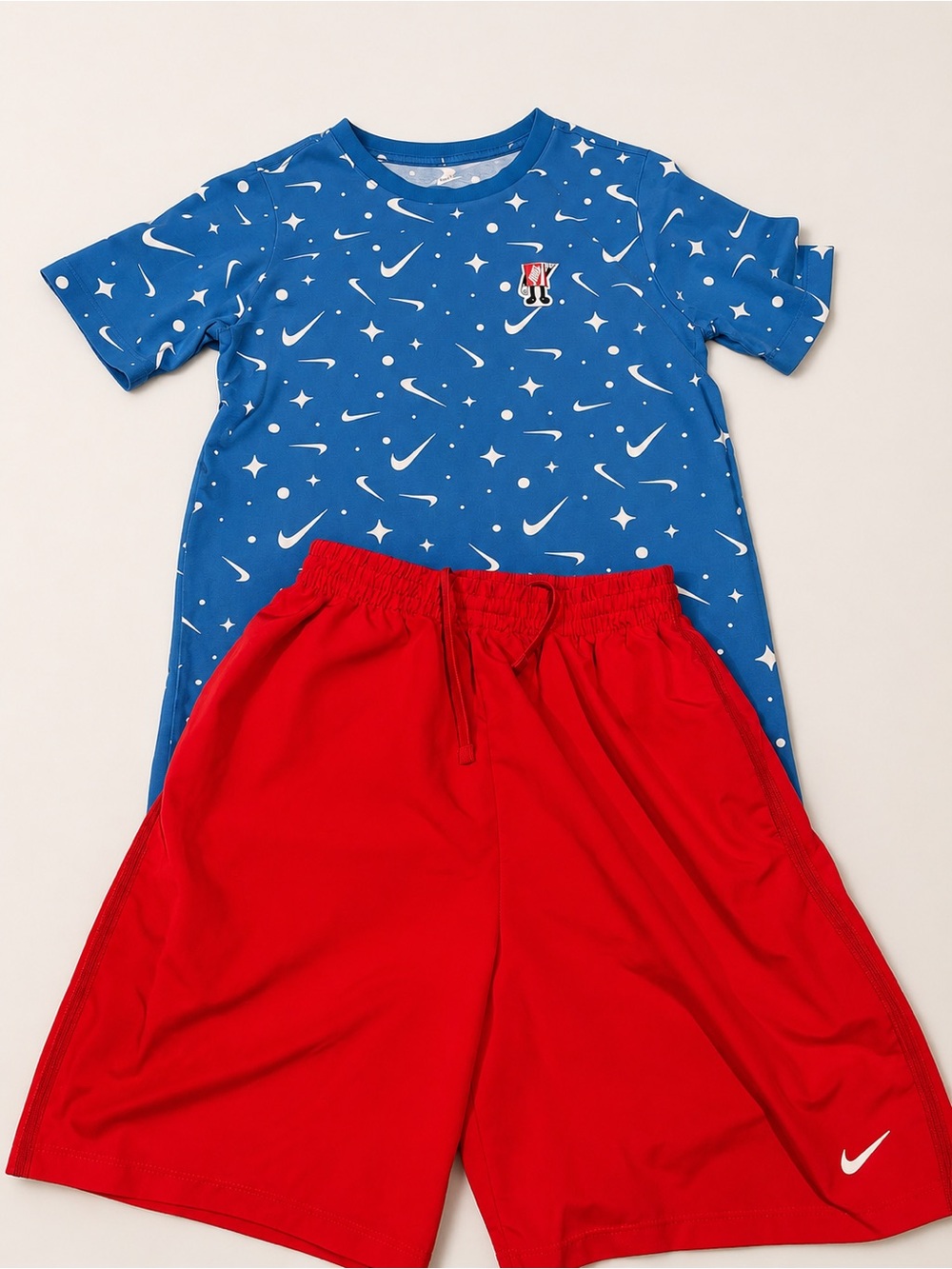 Nike Blue Star Print Tee with Red Nike Athletic Shorts